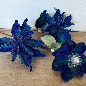 Peacock Teal Purple Velvet Floral Flower Stems 3-pc Lot